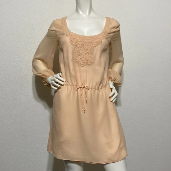 Trina Turk Peach 100% Silk Drawstring Waist Long Sleeve Mini Dress - Picture 2 of 8